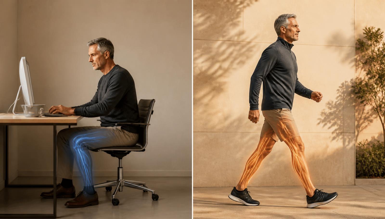 Split image showing an older adult seated at a desk with subdued leg circulation beside the same person walking with active blood flow