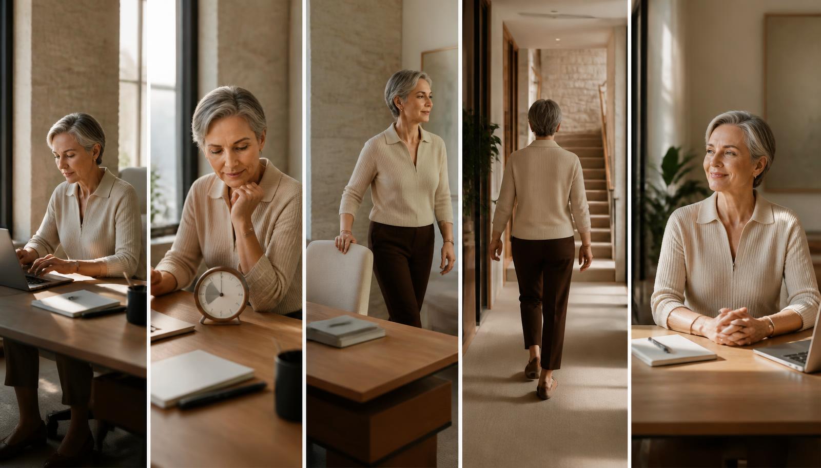 Sequence of an adult sitting at a desk, standing, walking a hallway toward stairs and returning to work
