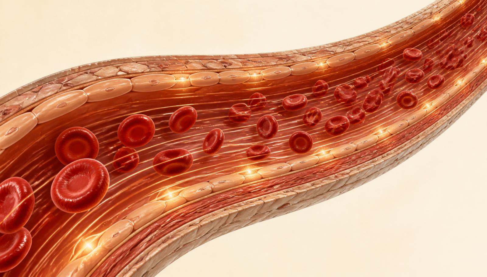 Artery during exercise showing faster blood flow, shear stress along the endothelium and nitric oxide signaling to smooth muscle