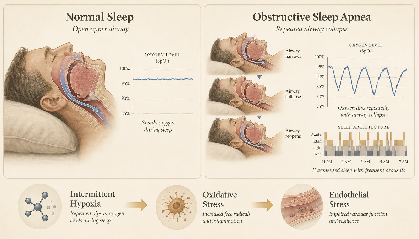 Side-by-side illustration of a normal open airway during sleep and a repeatedly obstructed airway with dipping oxygen levels