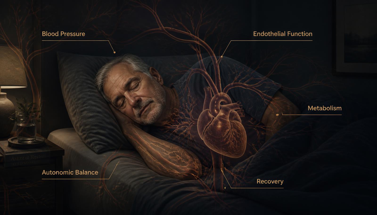 An adult in their sixties sleeping while a translucent illustration of the heart and arteries overlays the scene