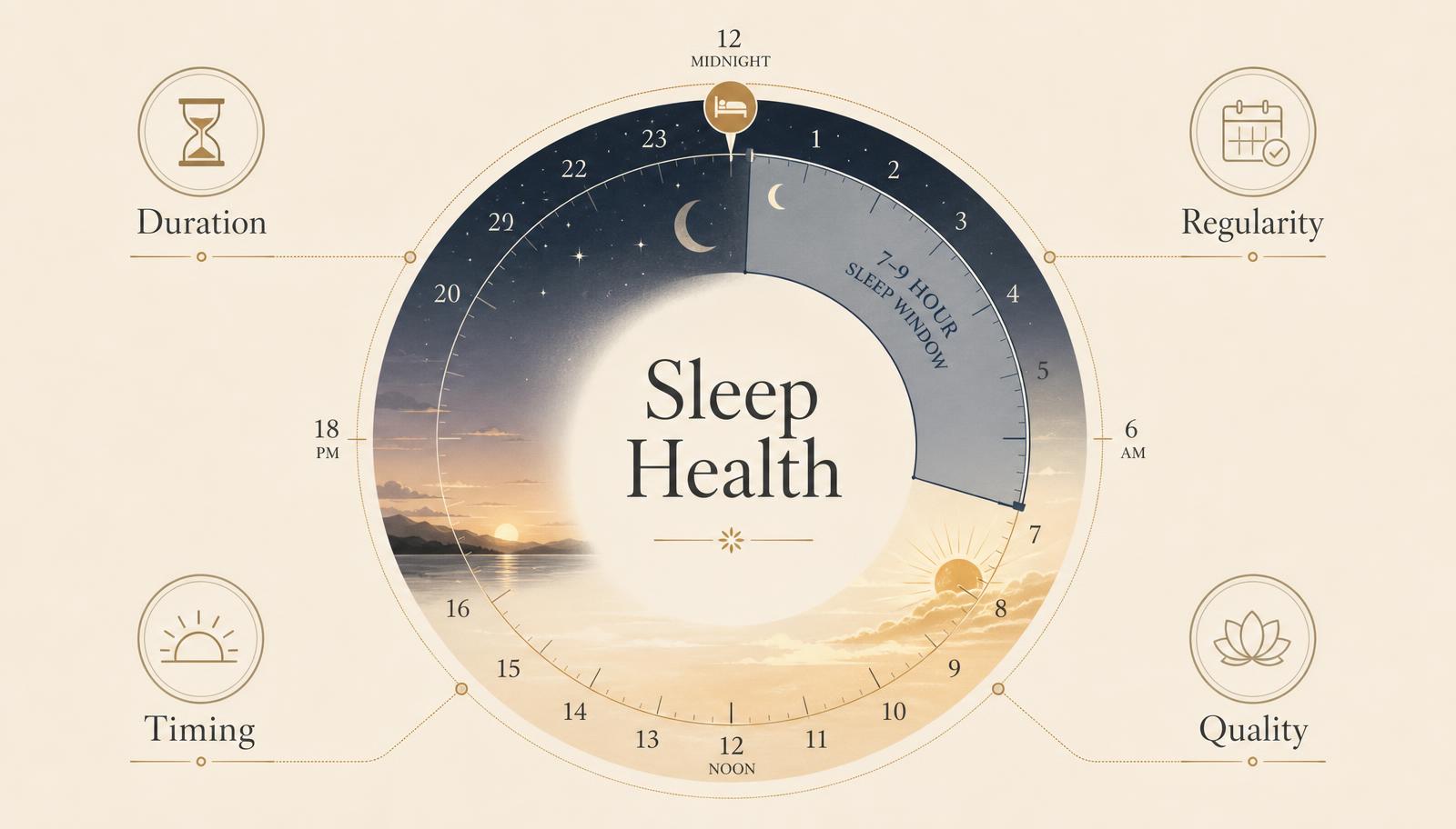 A 24-hour clock diagram showing a consistent bedtime, a seven-to-nine hour sleep window, daylight and darkness, labelled duration, regularity, timing and quality