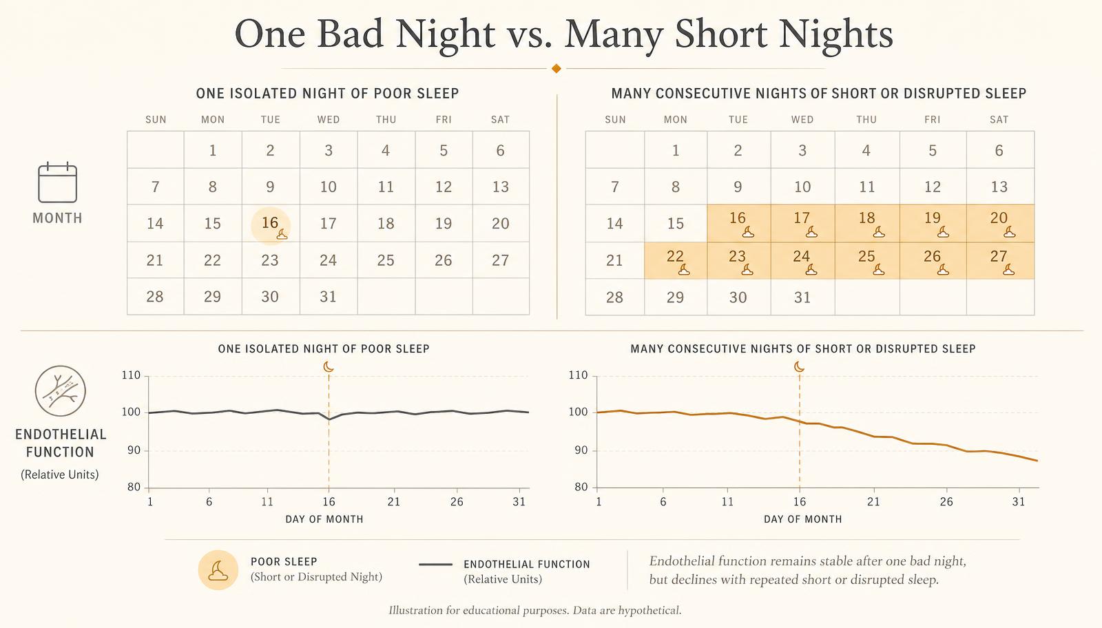 Calendar comparing one isolated poor-sleep night with several weeks of repeatedly short sleep, above an endothelial-function curve
