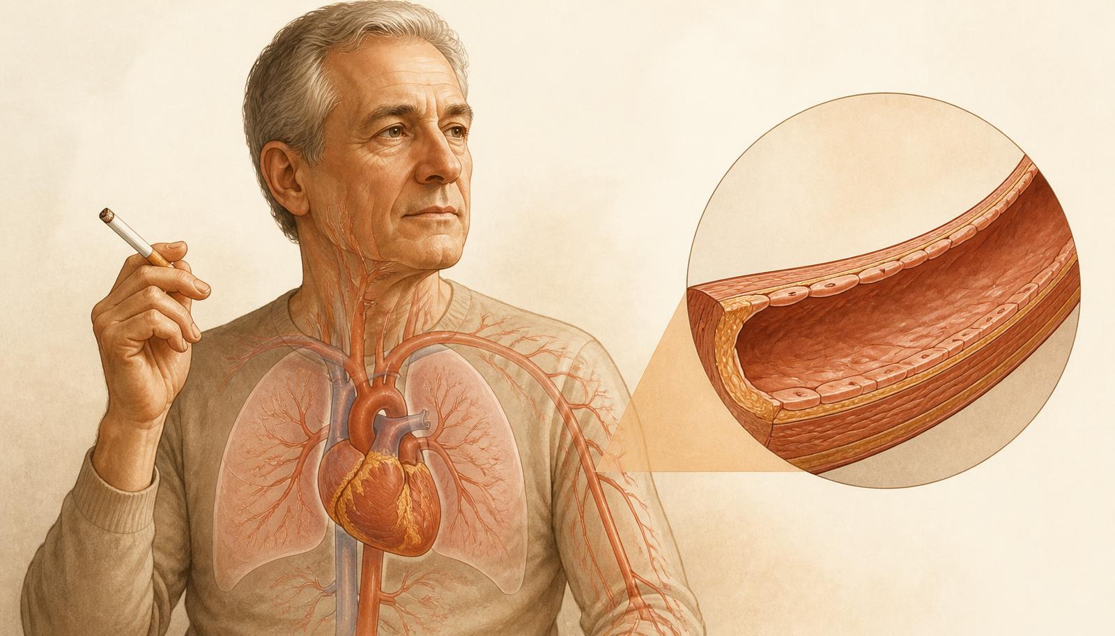 An adult holding an unlit cigarette with a transparent cardiovascular overlay from lungs to heart and arteries, and a close view of an artery's endothelial lining