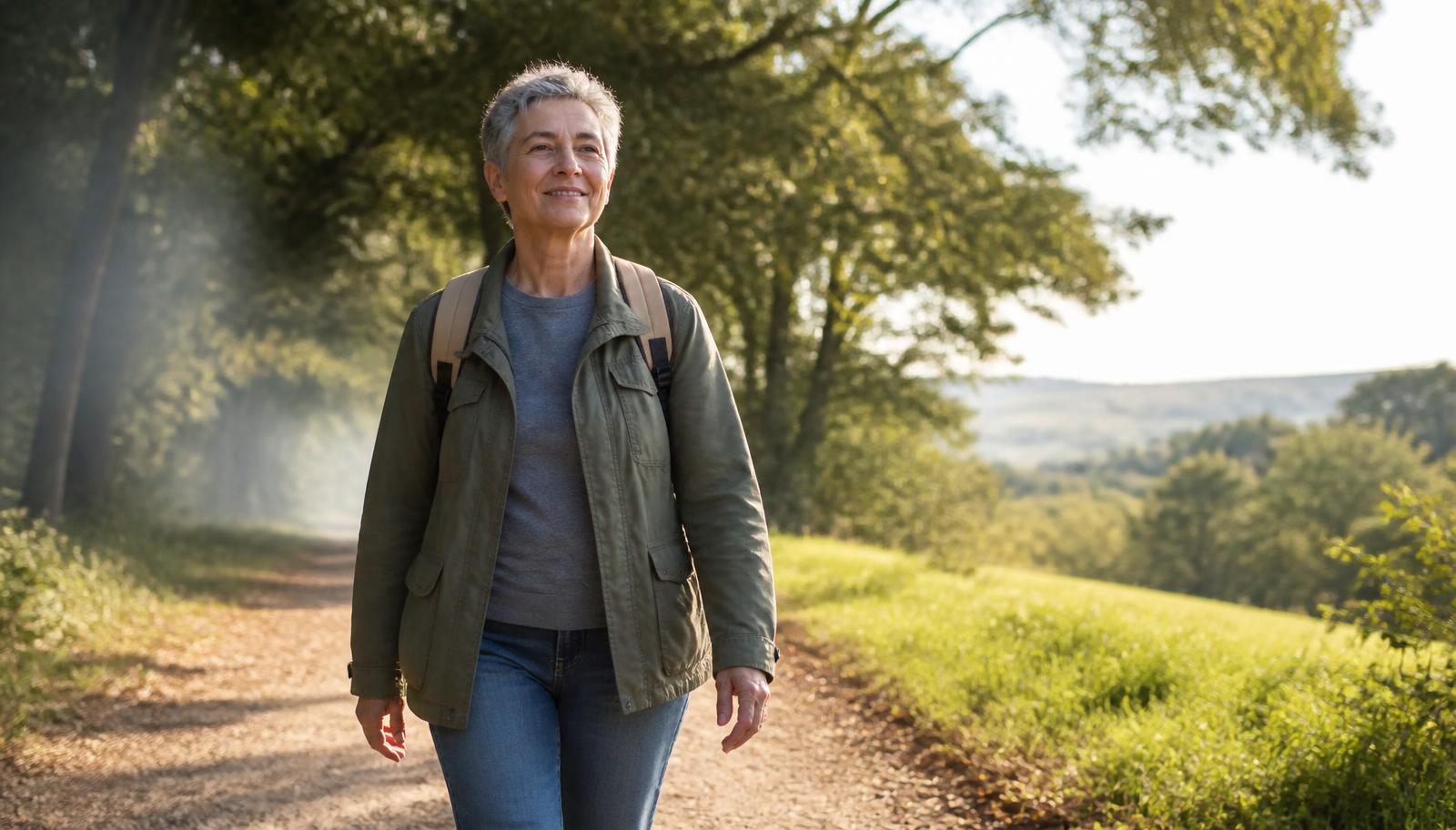 An adult walking outdoors on a sunlit path after quitting smoking, with faint haze behind and clear open landscape ahead