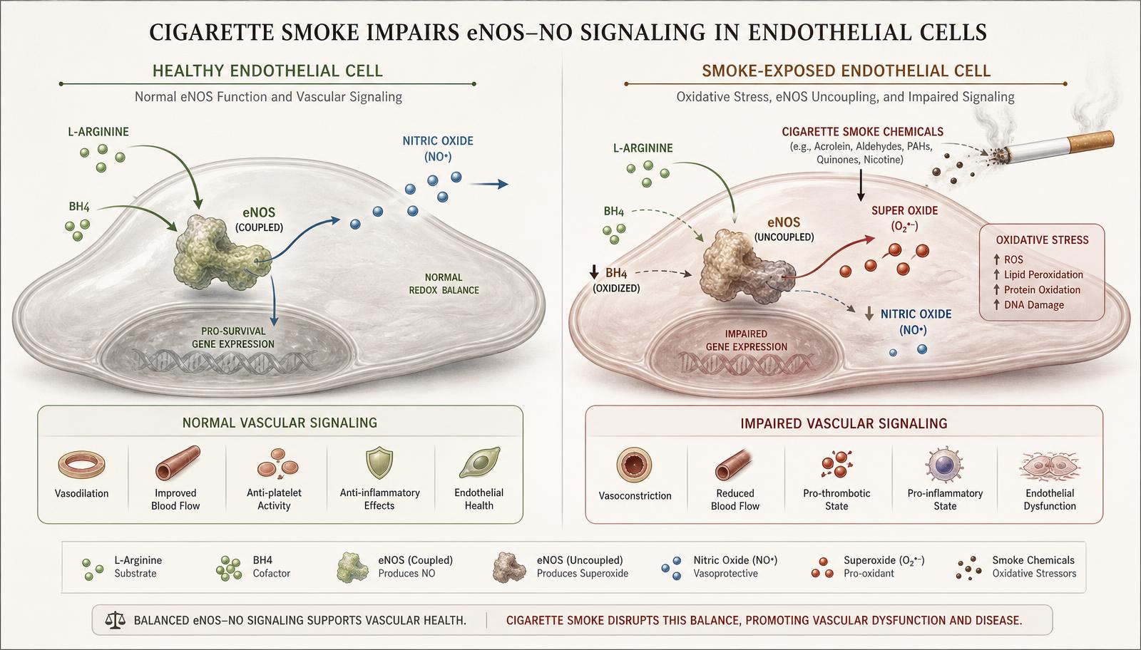 Side-by-side diagram of a healthy endothelial cell producing nitric oxide and a smoke-exposed endothelial cell with oxidative stress and impaired eNOS