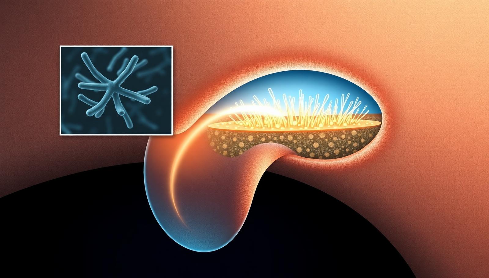 Macro illustration of the tongue surface with nitrate-reducing bacteria converting nitrate to nitrite