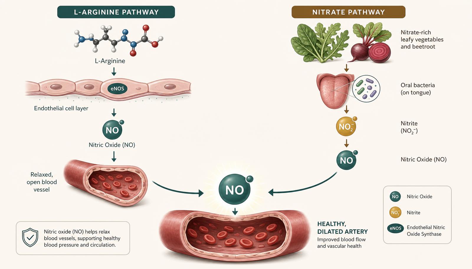 Infographic showing the L-arginine/eNOS pathway and the dietary nitrate–nitrite pathway both converging on nitric oxide and healthy vascular function