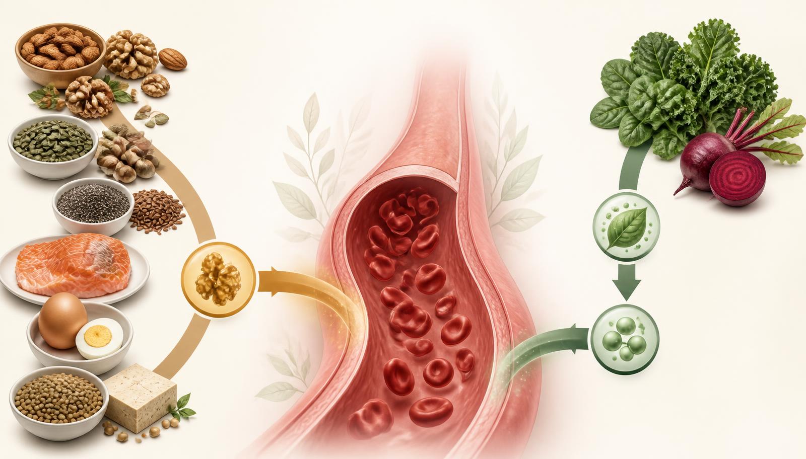 Infographic showing nuts and seeds leading to arginine and eNOS on one side, and leafy greens and beetroot leading to nitrate and nitrite on the other, with a healthy blood vessel in the centre