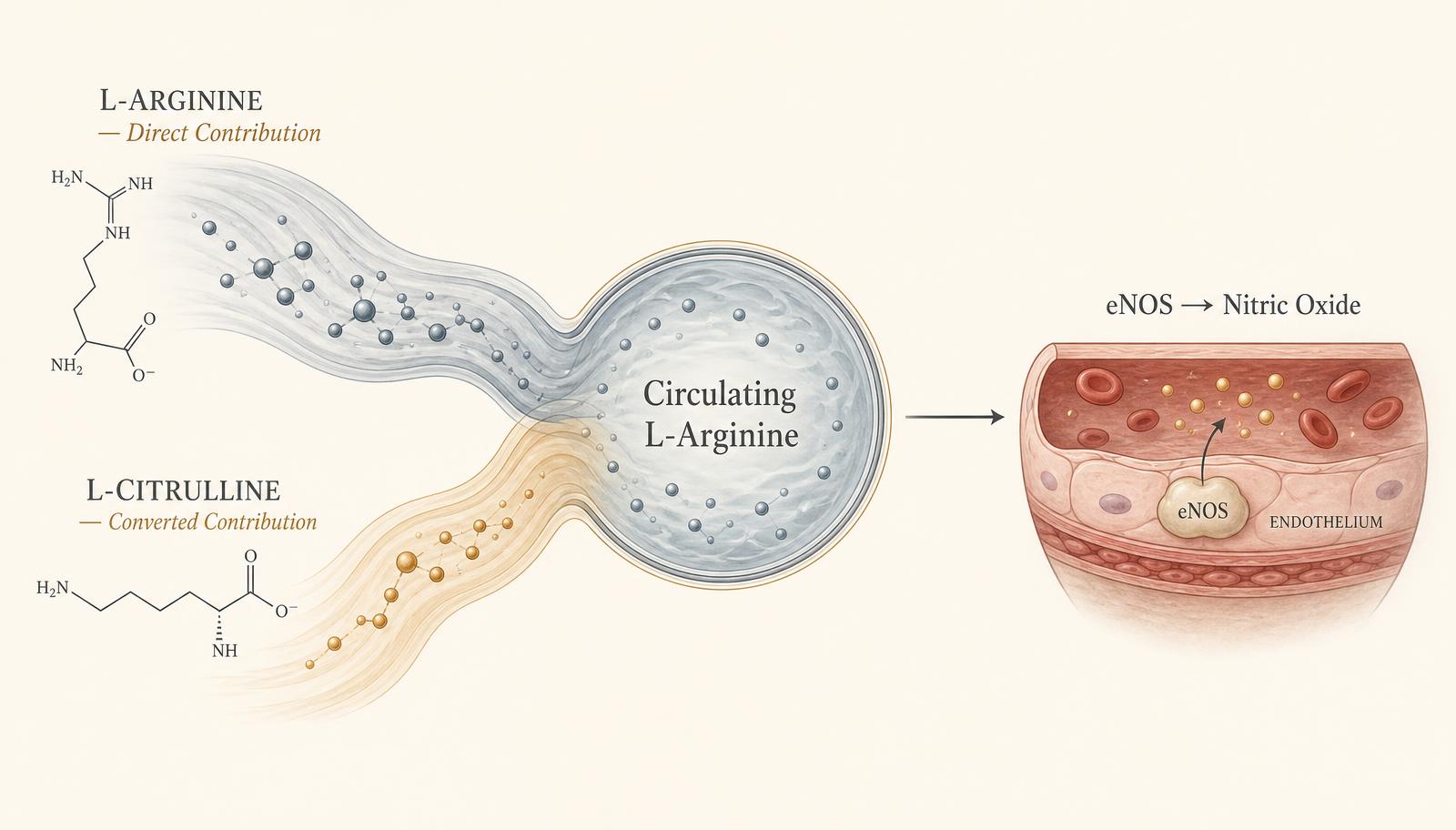 Conceptual illustration of two streams — direct L-arginine and converted L-citrulline — feeding a central reservoir of circulating L-arginine that flows toward endothelial eNOS and nitric oxide