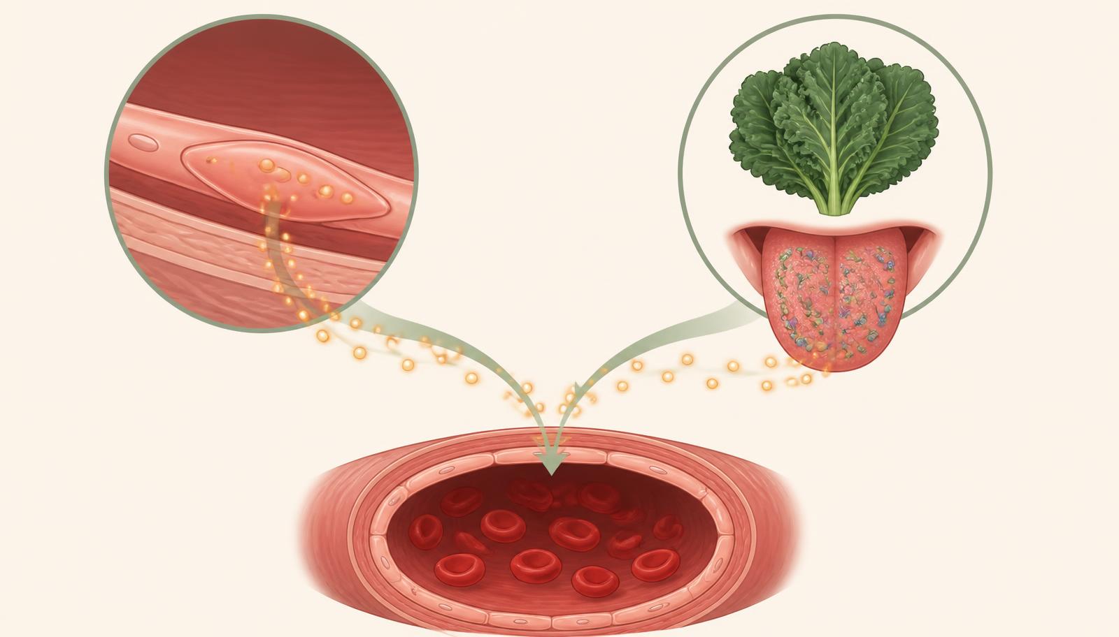 Endothelial eNOS route and the vegetable-to-oral-microbiome route converging on a healthy blood vessel
