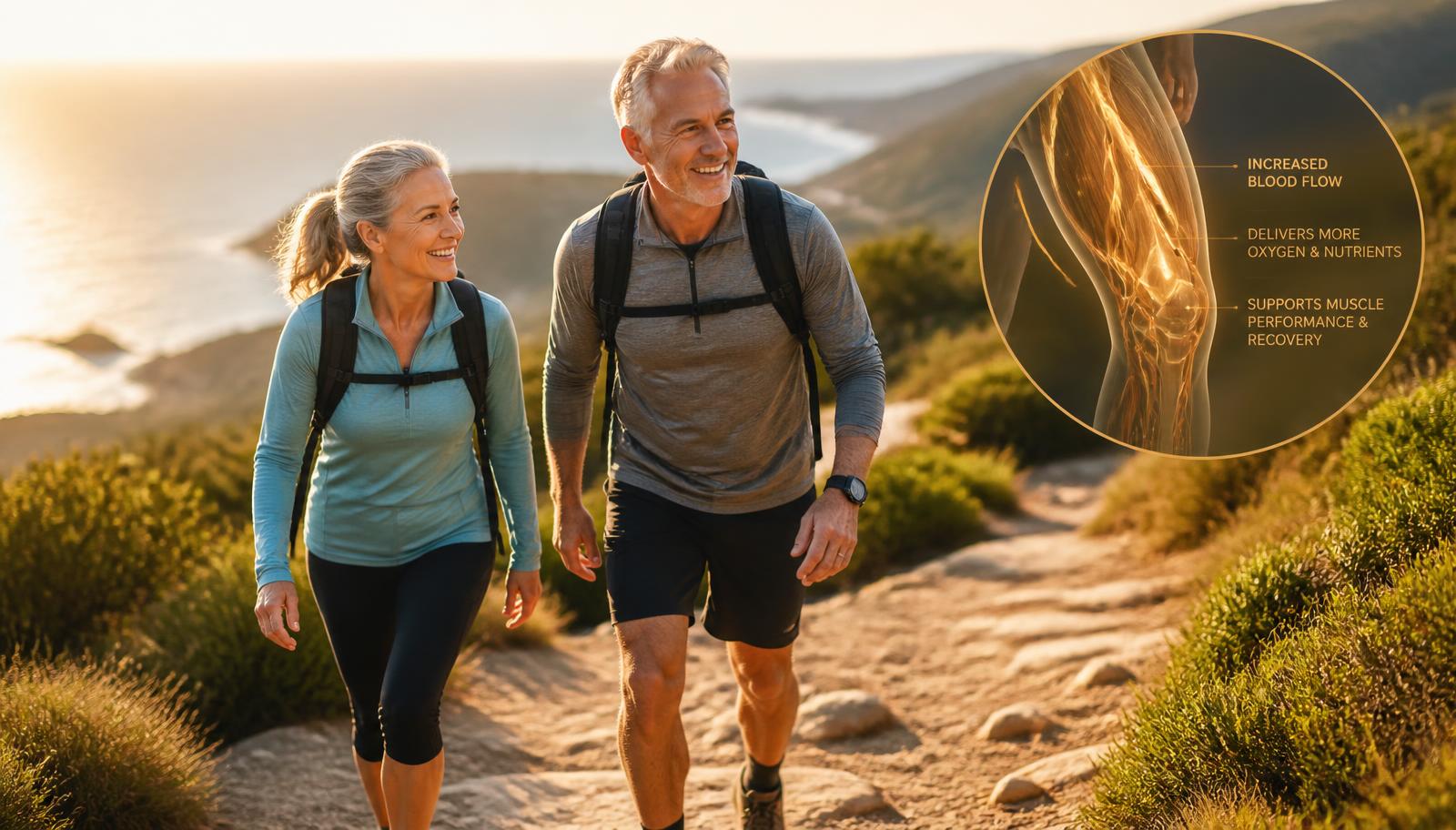 Active couple in their late fifties walking uphill on a scenic trail with an inset showing increased blood flow to working leg muscles