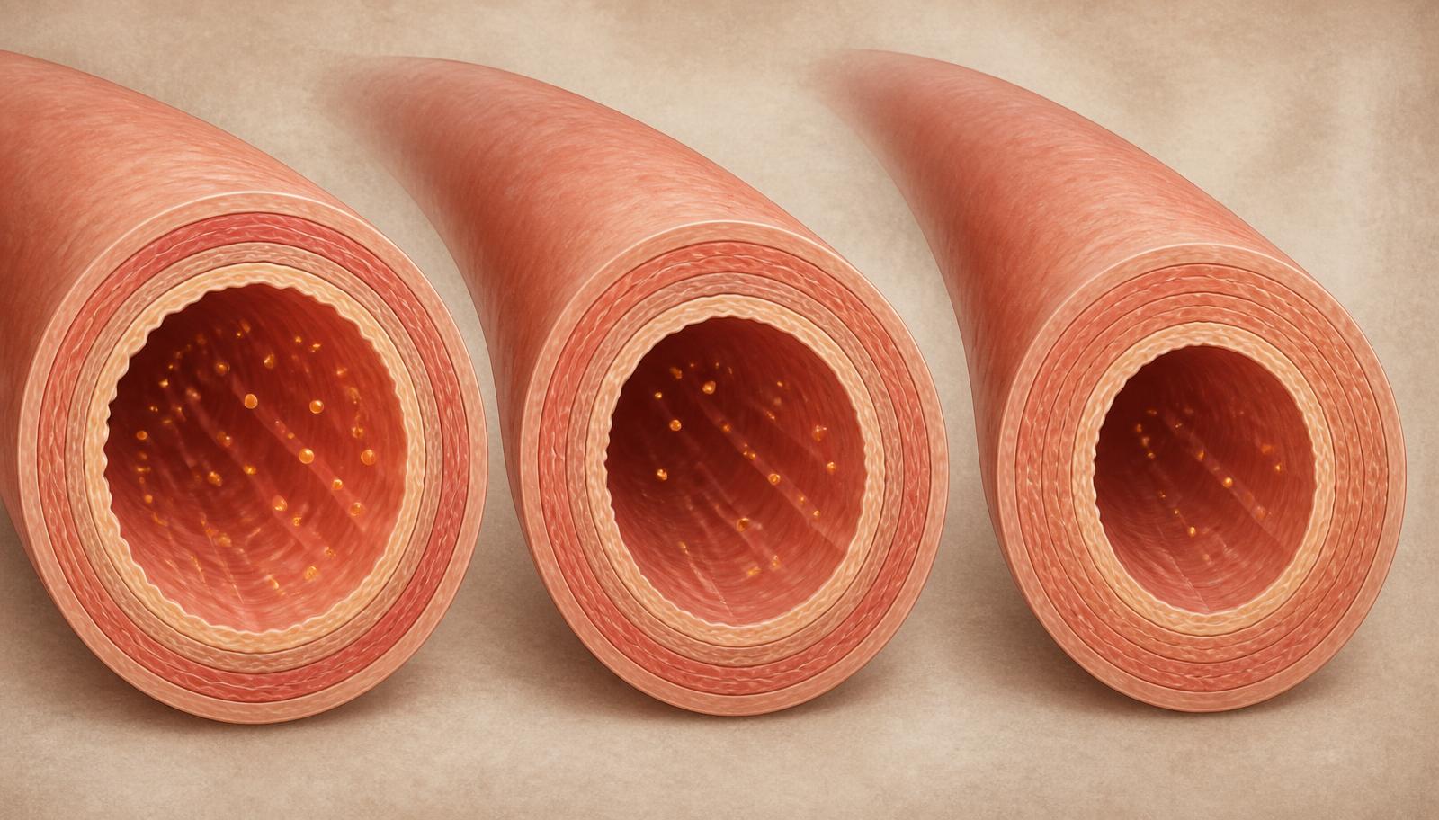 Three cross-sections of the same artery representing younger, middle-aged and older vascular tissue with gradually reduced nitric-oxide signaling
