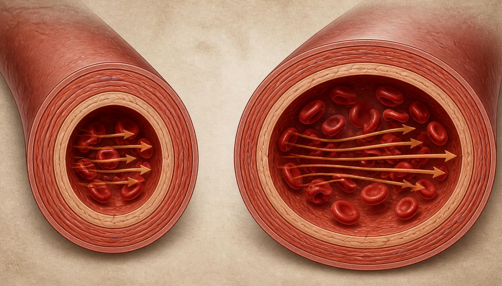 Side-by-side cross-sections of a healthy artery showing a narrower lumen with contracted smooth muscle and a wider lumen with relaxed smooth muscle