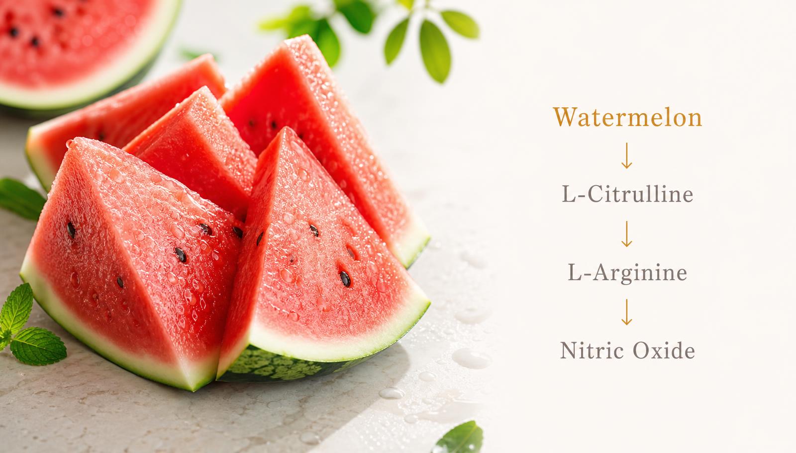 Fresh watermelon, the best-known natural dietary source of citrulline, alongside protein foods rich in arginine