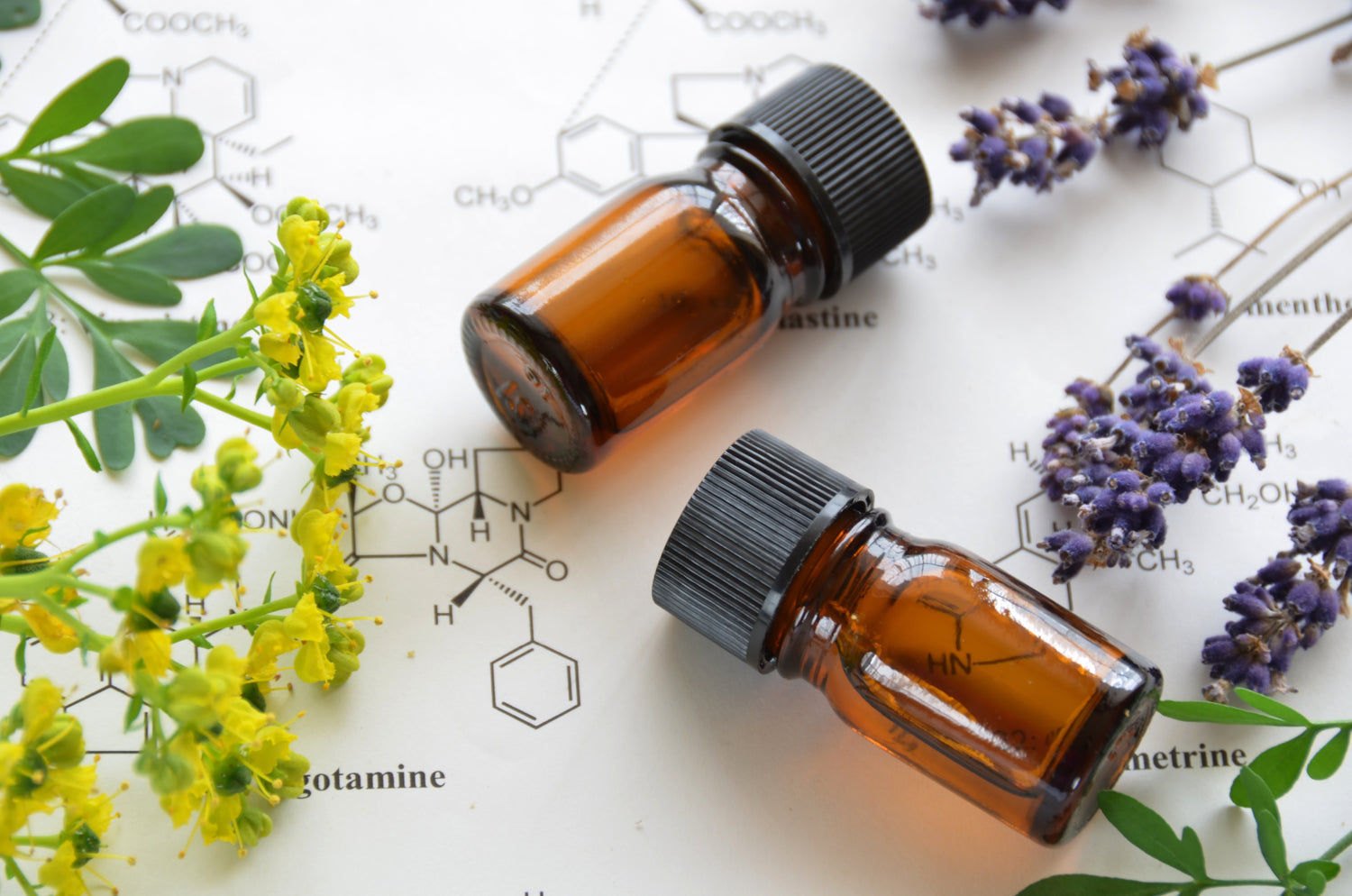 Australiana Botanicals natural skin care image of flowers over written chemical formulas and bottles